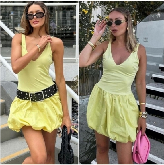 New Zara Mixed Ballon Yellow Mini Dress NWOT Size XS Blogger Influencer Favorite - Picture 1 of 16
